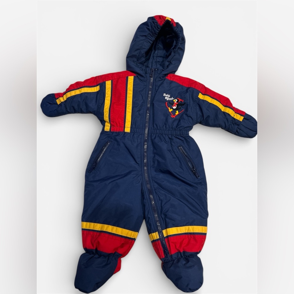 Vtg OshKosh B'gosh SnowSuit 6/9 Mo Colorblock Ski Hooded W/Logo, Gloves &Booties
